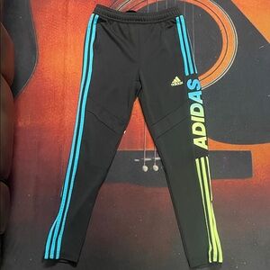 Adidas Kids Black Joggers with Blue and Yellow Stripes